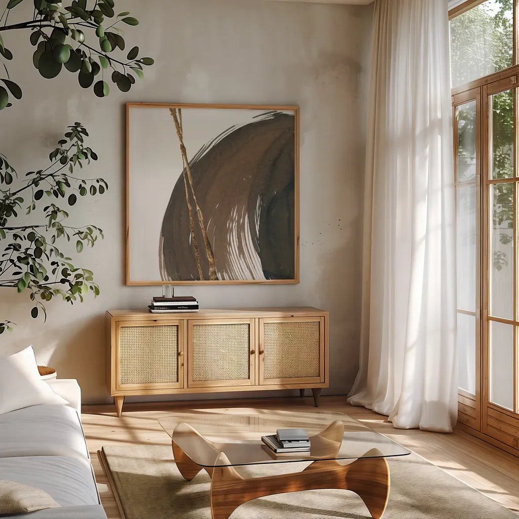 Curvature I by Chris Paschke. Shown in a natural wood frame in a cozy modern living room. Available as an archival giclee rolled canvas, fine art paper, or poster print. SKU 78115a.