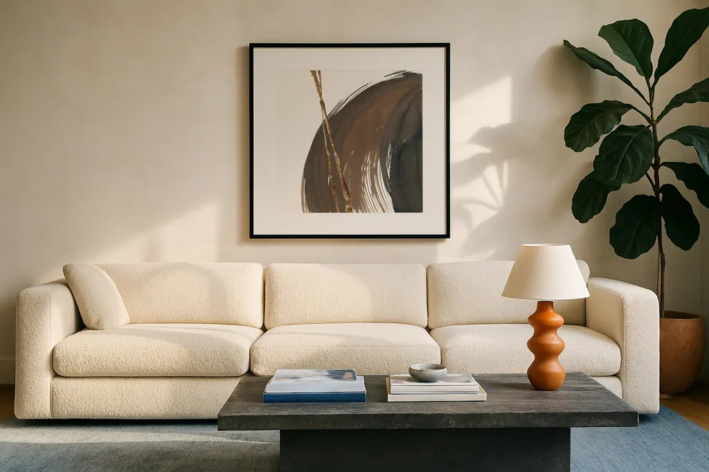 Curvature I by Chris Paschke. Displayed in a glass frame with matte in a clean modern living room. Available as an archival giclee rolled canvas, fine art paper, or poster print. SKU 78115a.