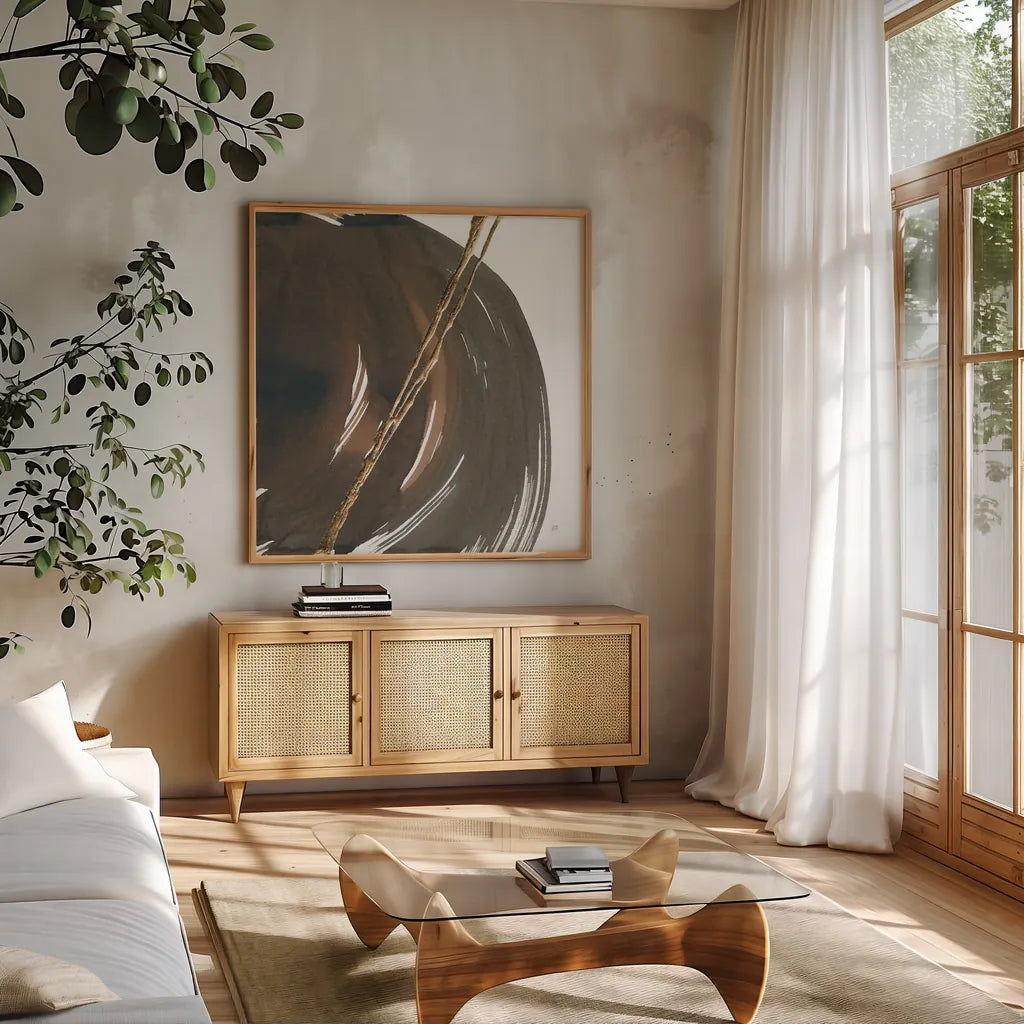 Curvature II by Chris Paschke. Shown in a natural wood frame in a cozy modern living room. Available as an archival giclee rolled canvas, fine art paper, or poster print. SKU 78116a.