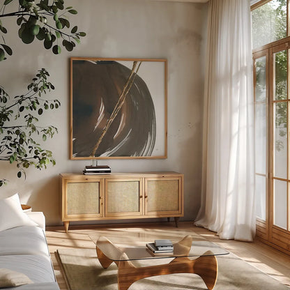 Curvature II by Chris Paschke. Shown in a natural wood frame in a cozy modern living room. Available as an archival giclee rolled canvas, fine art paper, or poster print. SKU 78116a.