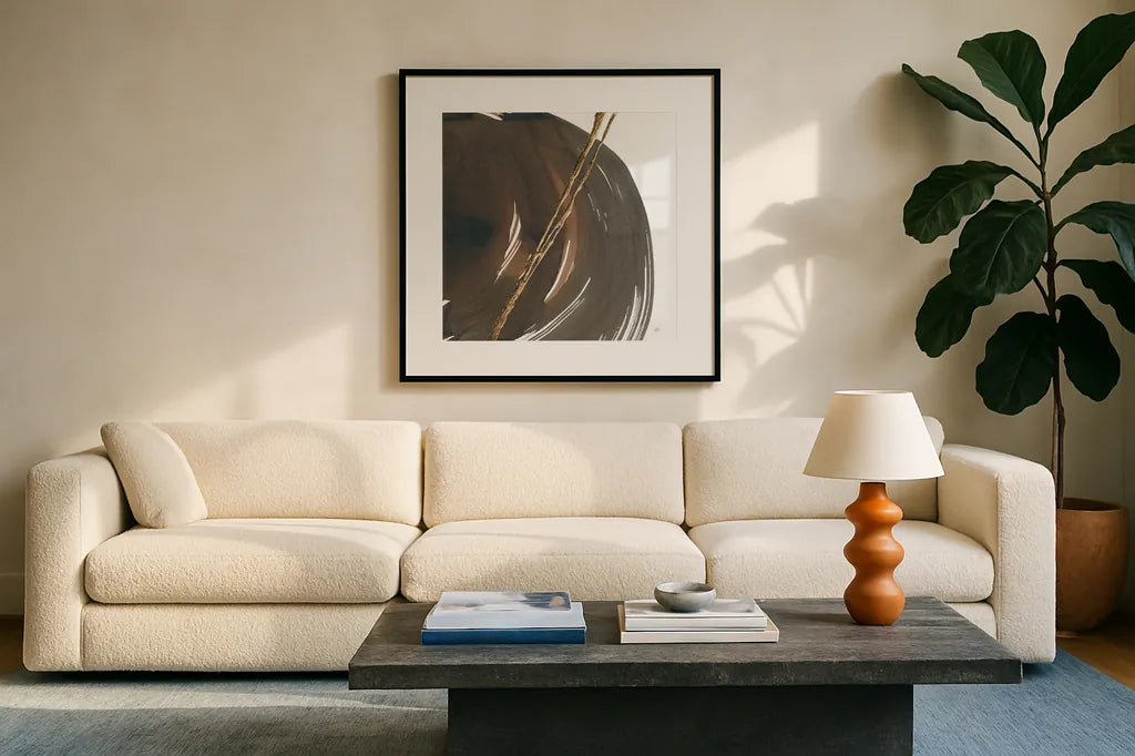 Curvature II by Chris Paschke. Displayed in a glass frame with matte in a clean modern living room. Available as an archival giclee rolled canvas, fine art paper, or poster print. SKU 78116a.