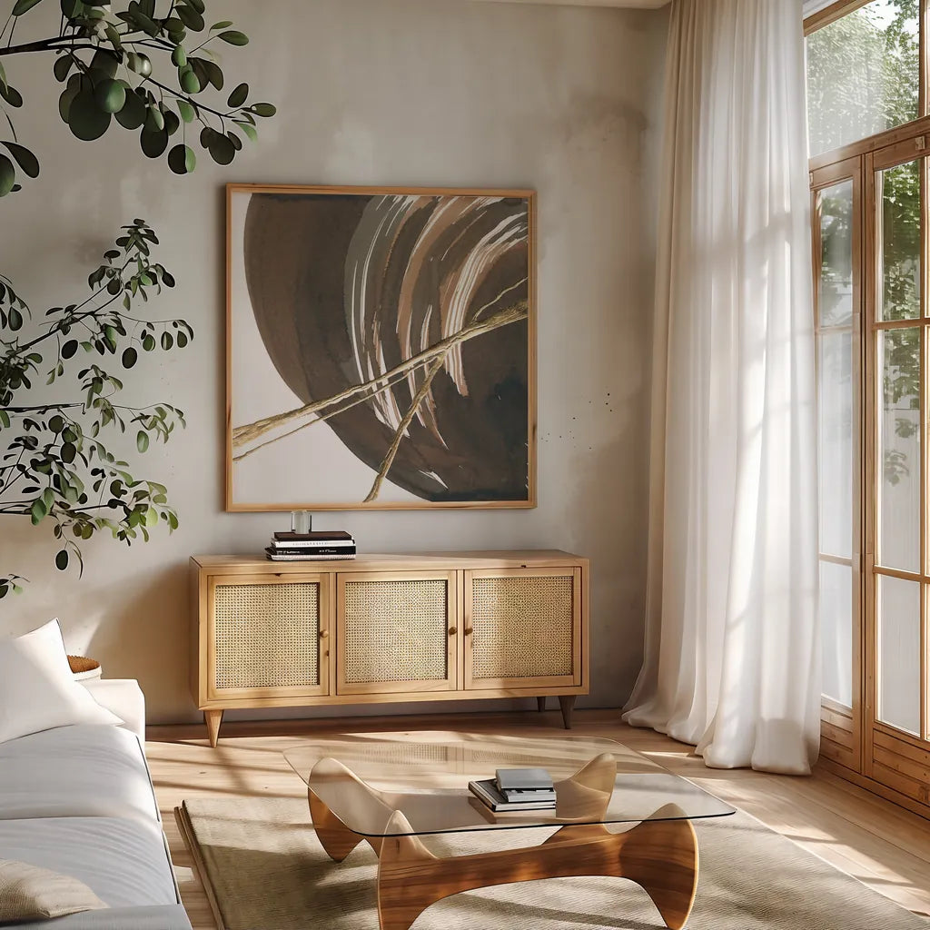 Curvature III by Chris Paschke. Shown in a natural wood frame in a cozy modern living room. Available as an archival giclee rolled canvas, fine art paper, or poster print. SKU 78117a.