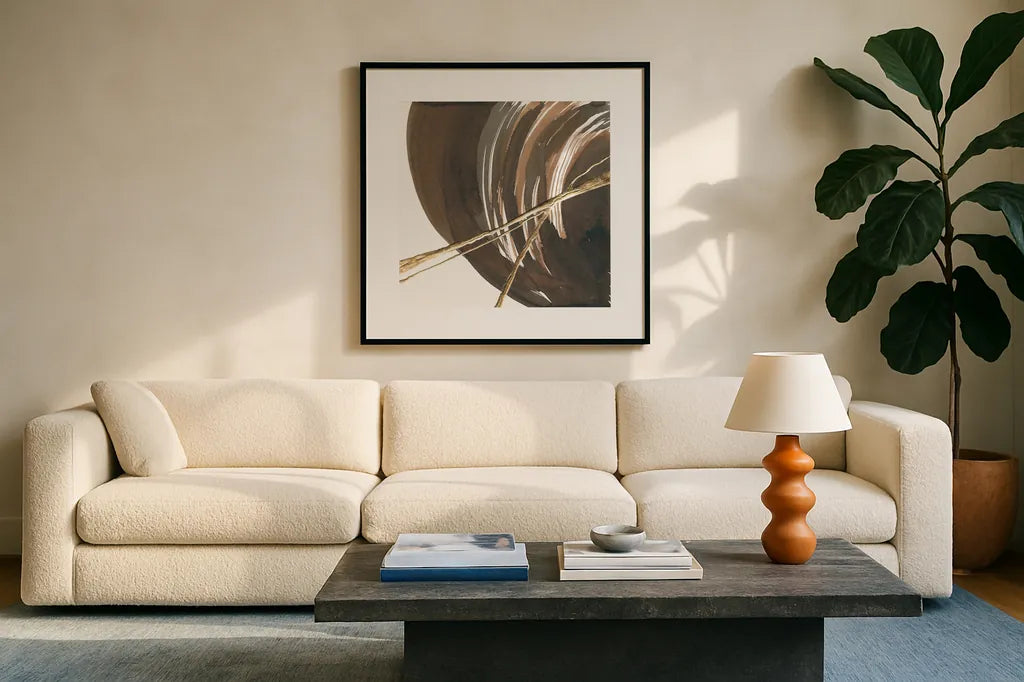 Curvature III by Chris Paschke. Displayed in a glass frame with matte in a clean modern living room. Available as an archival giclee rolled canvas, fine art paper, or poster print. SKU 78117a.