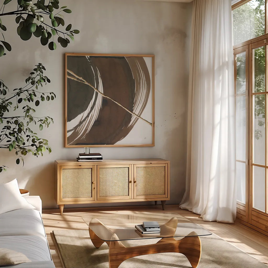 Curvature IV by Chris Paschke. Shown in a natural wood frame in a cozy modern living room. Available as an archival giclee rolled canvas, fine art paper, or poster print. SKU 78118a.