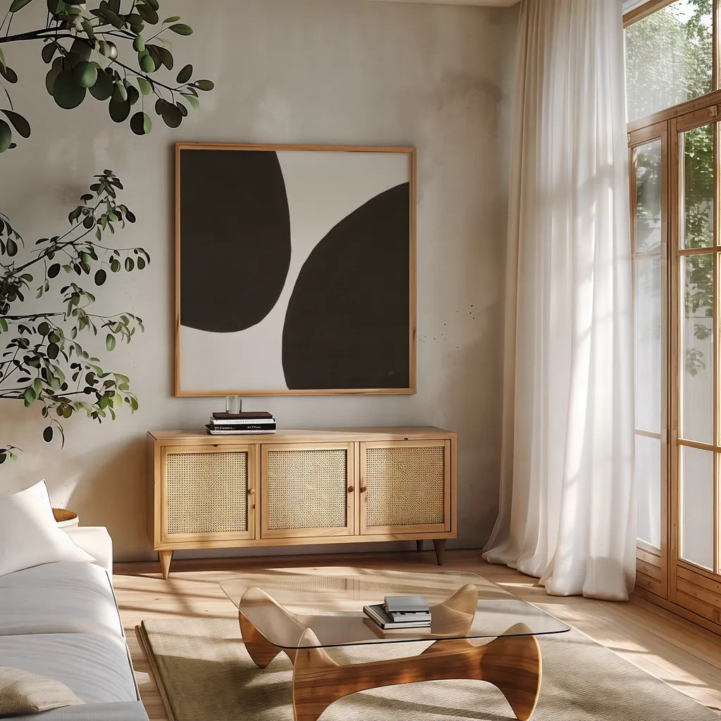 Curvilinear I by Chris Paschke. Shown in a natural wood frame in a cozy modern living room. Available as an archival giclee rolled canvas, fine art paper, or poster print. SKU 86229a.