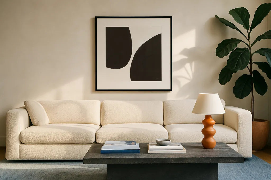 Curvilinear I by Chris Paschke. Displayed in a glass frame with matte in a clean modern living room. Available as an archival giclee rolled canvas, fine art paper, or poster print. SKU 86229a.