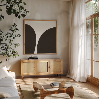 Curvilinear II by Chris Paschke. Shown in a natural wood frame in a cozy modern living room. Available as an archival giclee rolled canvas, fine art paper, or poster print. SKU 86230a.