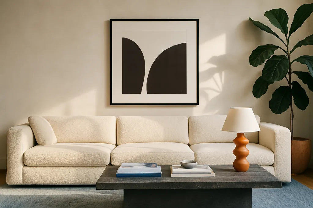 Curvilinear II by Chris Paschke. Displayed in a glass frame with matte in a clean modern living room. Available as an archival giclee rolled canvas, fine art paper, or poster print. SKU 86230a.