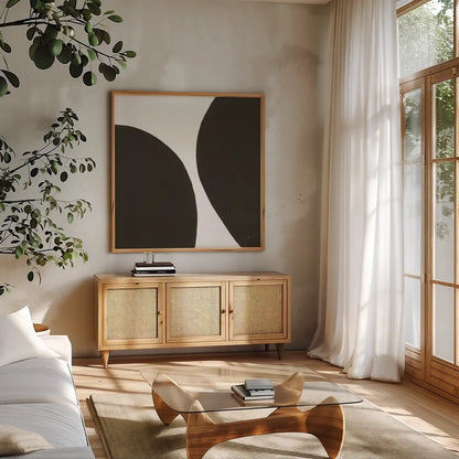 Curvilinear III by Chris Paschke. Shown in a natural wood frame in a cozy modern living room. Available as an archival giclee rolled canvas, fine art paper, or poster print. SKU 86231a.