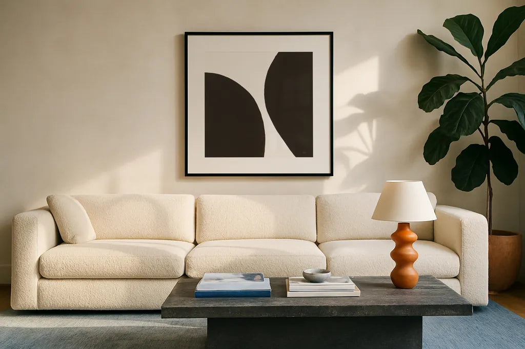 Curvilinear III by Chris Paschke. Displayed in a glass frame with matte in a clean modern living room. Available as an archival giclee rolled canvas, fine art paper, or poster print. SKU 86231a.