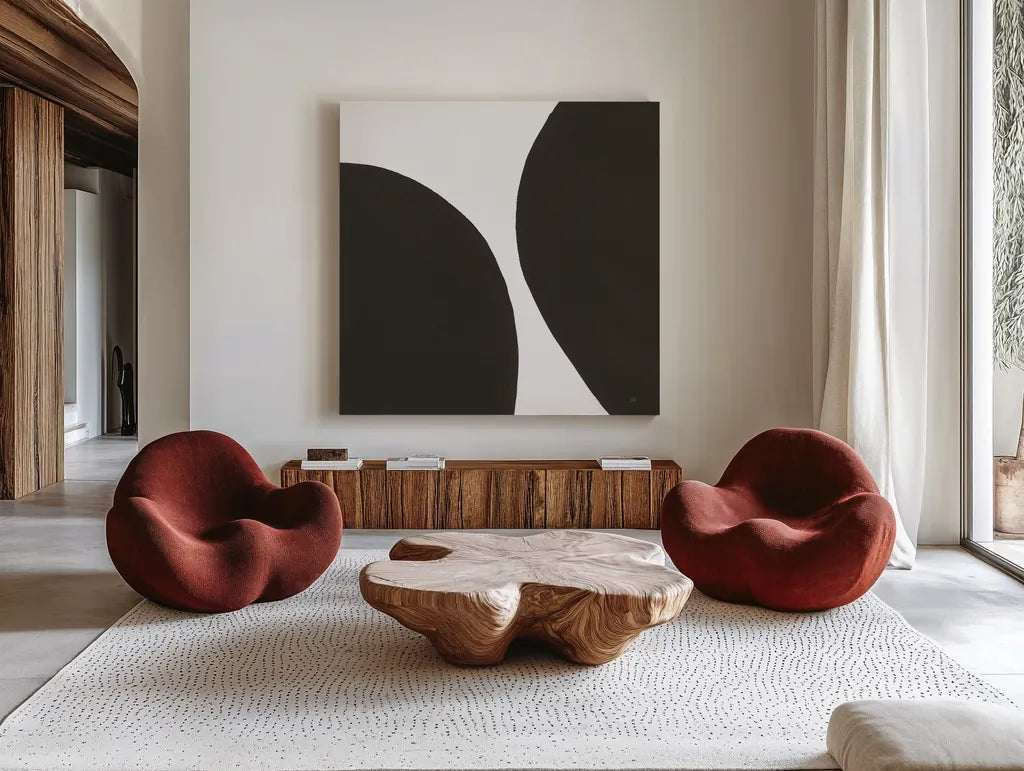 Curvilinear III by Chris Paschke. Shown as extra-large giant wall art in a modern living room. Available as an archival giclee rolled canvas, fine art paper, or poster print. SKU 86231a.