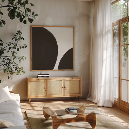 Curvilinear IV by Chris Paschke. Shown in a natural wood frame in a cozy modern living room. Available as an archival giclee rolled canvas, fine art paper, or poster print. SKU 86232a.