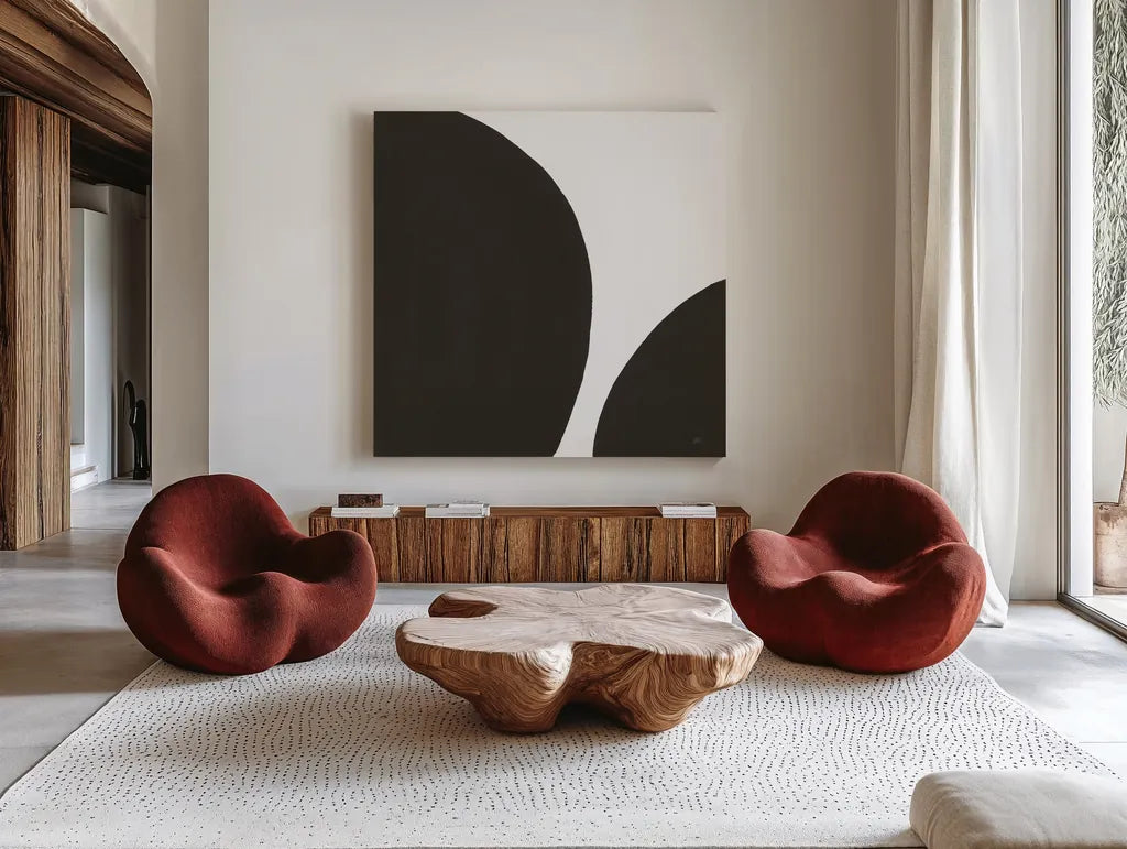 Curvilinear IV by Chris Paschke. Shown as extra-large giant wall art in a modern living room. Available as an archival giclee rolled canvas, fine art paper, or poster print. SKU 86232a.