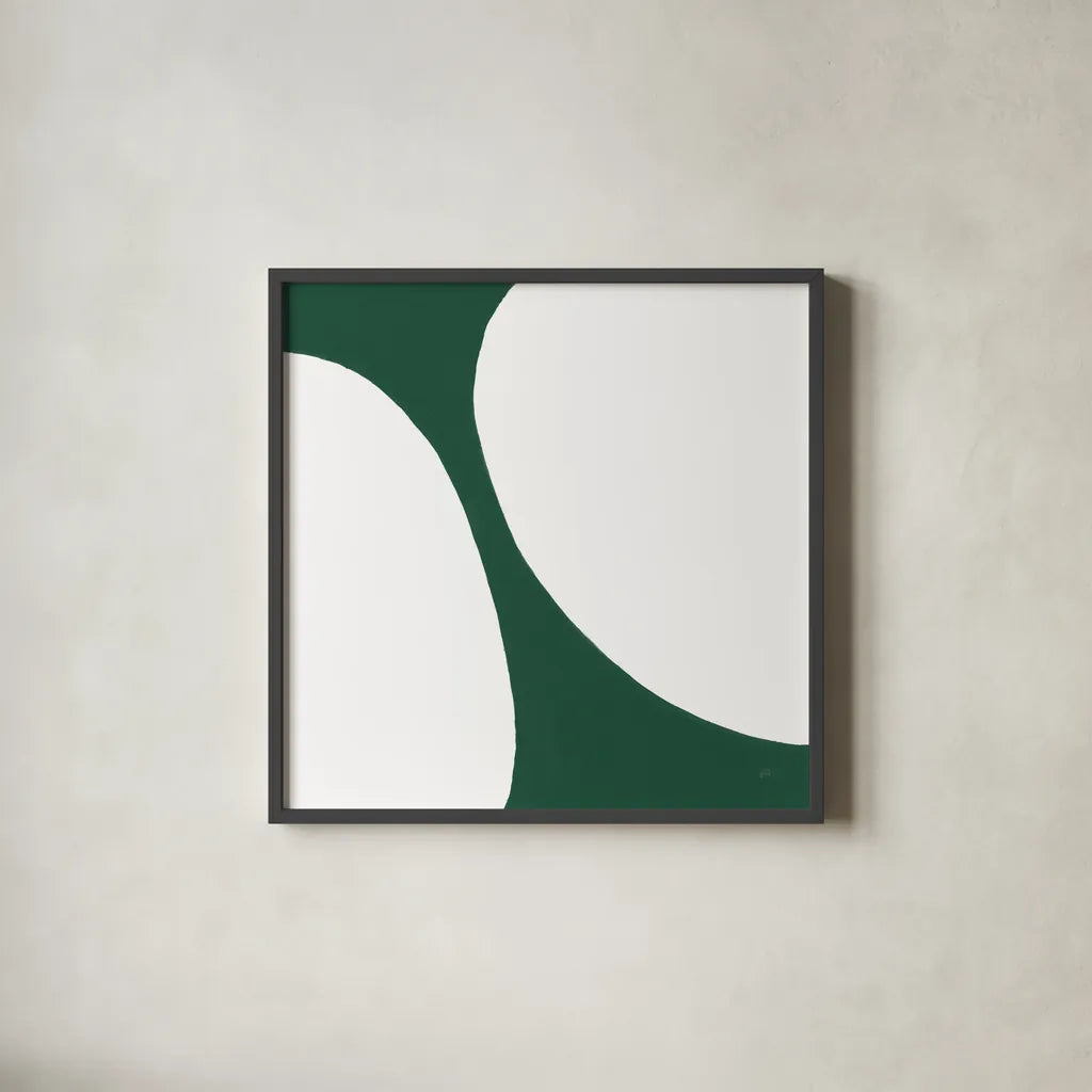 Curvilinear V Emerald Green by Chris Paschke. Shown in a sleek black glass frame for a contemporary gallery look. Available as an archival giclee rolled canvas, fine art paper, or poster print. SKU 88262a.