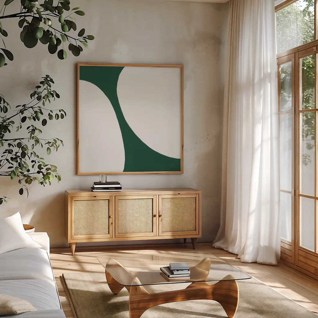 Curvilinear V Emerald Green by Chris Paschke. Shown in a natural wood frame in a cozy modern living room. Available as an archival giclee rolled canvas, fine art paper, or poster print. SKU 88262a.