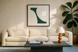 Curvilinear V Emerald Green by Chris Paschke. Displayed in a glass frame with matte in a clean modern living room. Available as an archival giclee rolled canvas, fine art paper, or poster print. SKU 88262a.