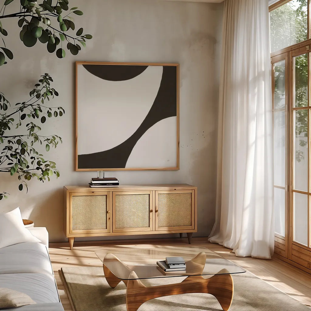 Curvilinear VI by Chris Paschke. Shown in a natural wood frame in a cozy modern living room. Available as an archival giclee rolled canvas, fine art paper, or poster print. SKU 86234a.