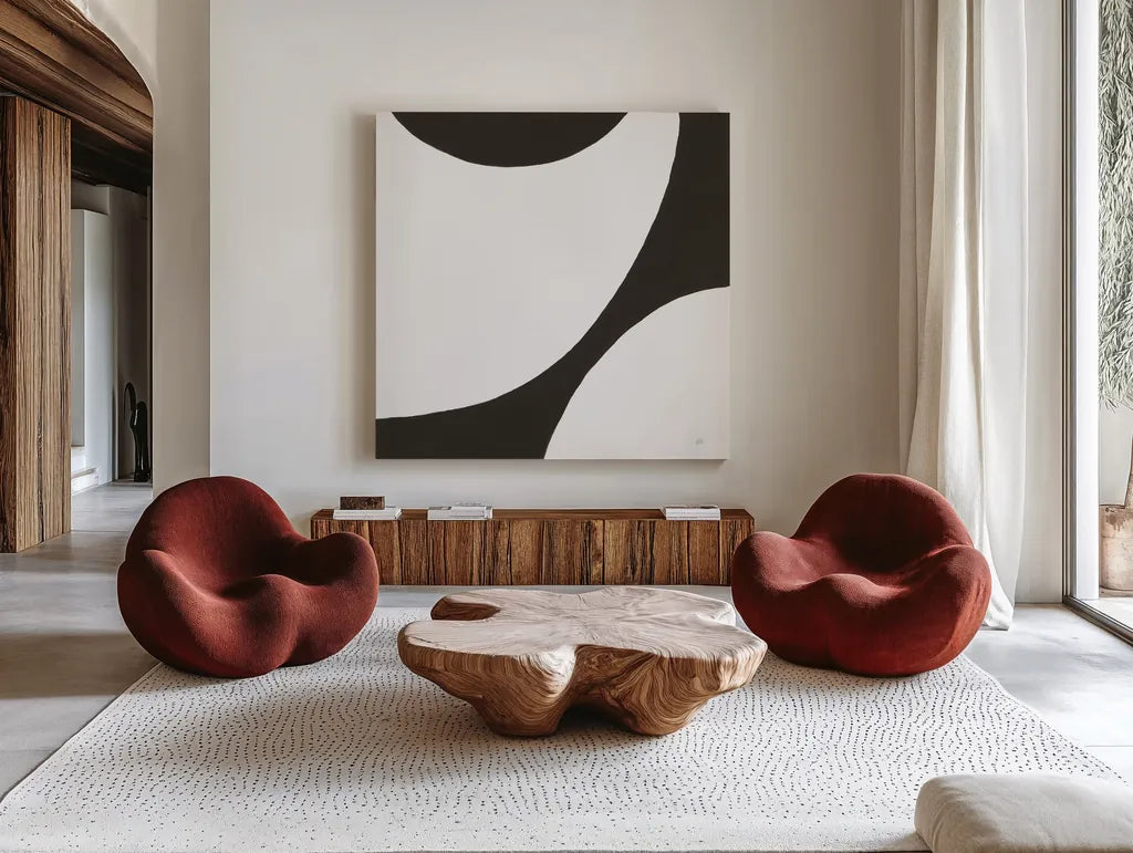 Curvilinear VI by Chris Paschke. Shown as extra-large giant wall art in a modern living room. Available as an archival giclee rolled canvas, fine art paper, or poster print. SKU 86234a.