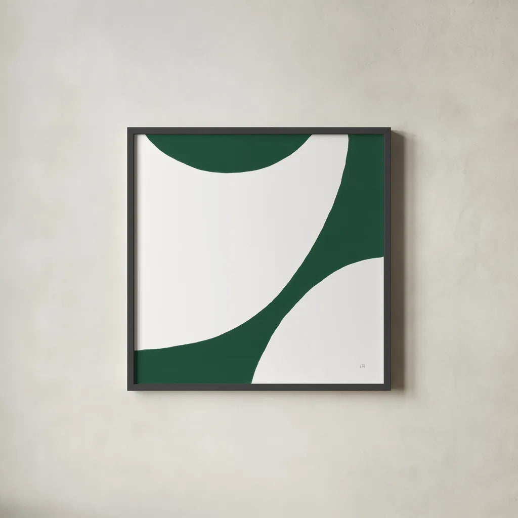 Curvilinear VI Emerald Green by Chris Paschke. Shown in a sleek black glass frame for a contemporary gallery look. Available as an archival giclee rolled canvas, fine art paper, or poster print. SKU 88263a.