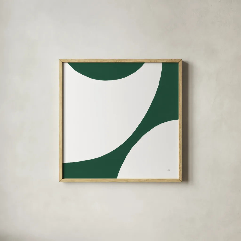 Curvilinear VI Emerald Green by Chris Paschke. Shown in a natural wood glass frame for a timeless modern aesthetic. Available as an archival giclee rolled canvas, fine art paper, or poster print. SKU 88263a.