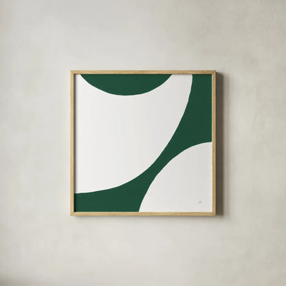 Curvilinear VI Emerald Green by Chris Paschke. Shown in a natural wood glass frame for a timeless modern aesthetic. Available as an archival giclee rolled canvas, fine art paper, or poster print. SKU 88263a.