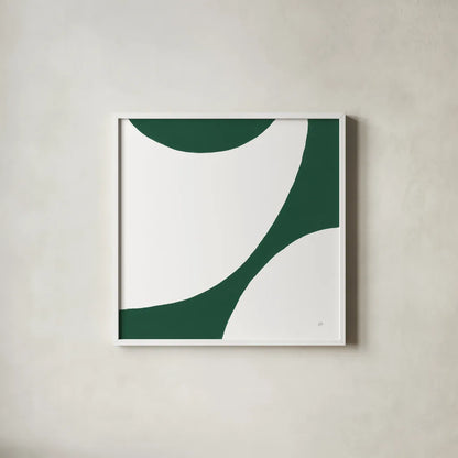 Curvilinear VI Emerald Green by Chris Paschke. Shown in a crisp white glass frame for a clean and minimalist style. Available as an archival giclee rolled canvas, fine art paper, or poster print. SKU 88263a.