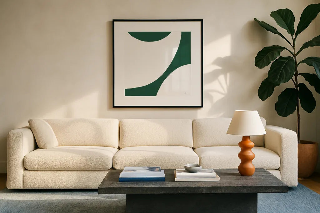 Curvilinear VI Emerald Green by Chris Paschke. Displayed in a glass frame with matte in a clean modern living room. Available as an archival giclee rolled canvas, fine art paper, or poster print. SKU 88263a.