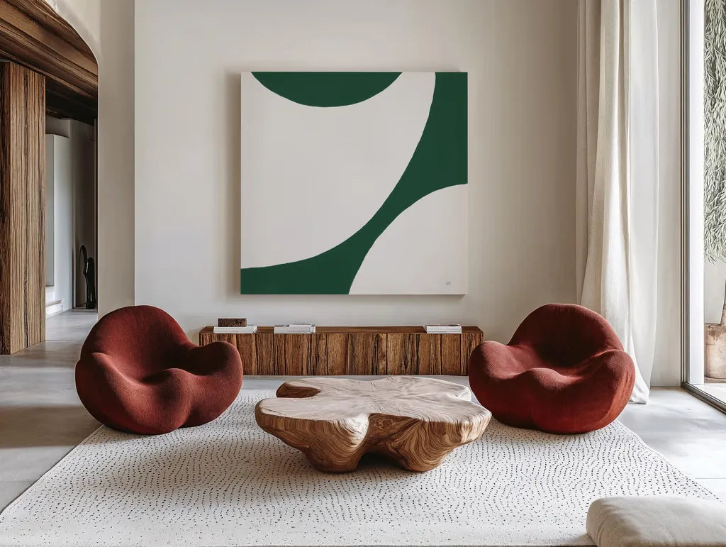 Curvilinear VI Emerald Green by Chris Paschke. Shown as extra-large giant wall art in a modern living room. Available as an archival giclee rolled canvas, fine art paper, or poster print. SKU 88263a.