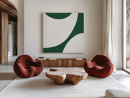 Curvilinear VI Emerald Green by Chris Paschke. Shown as extra-large giant wall art in a modern living room. Available as an archival giclee rolled canvas, fine art paper, or poster print. SKU 88263a.