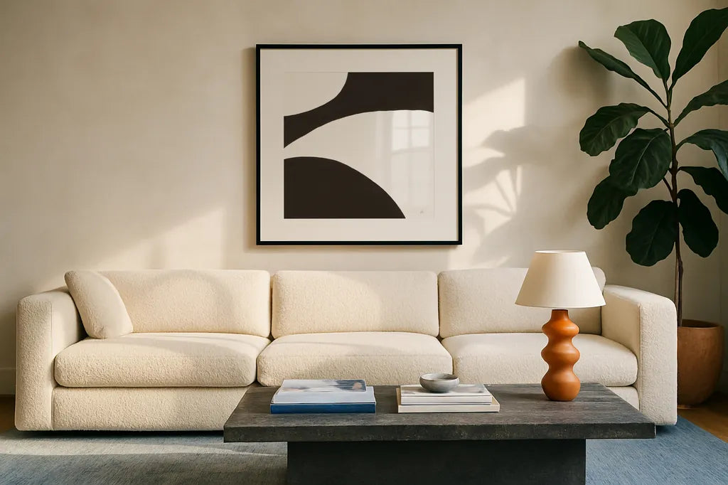 Curvilinear VII by Chris Paschke. Displayed in a glass frame with matte in a clean modern living room. Available as an archival giclee rolled canvas, fine art paper, or poster print. SKU 86235a.