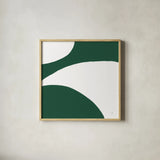 Curvilinear VII Emerald Green by Chris Paschke. Shown in a natural wood glass frame for a timeless modern aesthetic. Available as an archival giclee rolled canvas, fine art paper, or poster print. SKU 88264a.