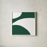 Curvilinear VII Emerald Green by Chris Paschke. Shown in a crisp white glass frame for a clean and minimalist style. Available as an archival giclee rolled canvas, fine art paper, or poster print. SKU 88264a.