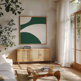 Curvilinear VII Emerald Green by Chris Paschke. Shown in a natural wood frame in a cozy modern living room. Available as an archival giclee rolled canvas, fine art paper, or poster print. SKU 88264a.