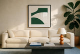 Curvilinear VII Emerald Green by Chris Paschke. Displayed in a glass frame with matte in a clean modern living room. Available as an archival giclee rolled canvas, fine art paper, or poster print. SKU 88264a.