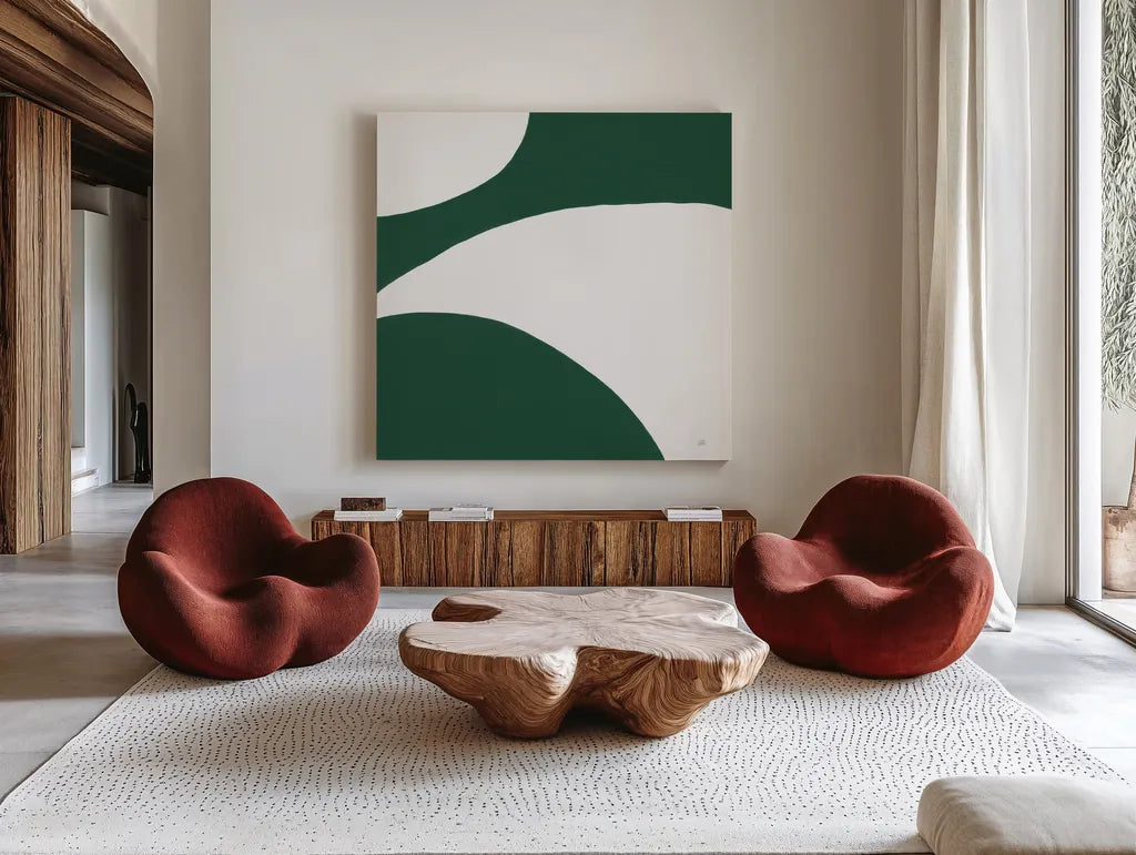 Curvilinear VII Emerald Green by Chris Paschke. Shown as extra-large giant wall art in a modern living room. Available as an archival giclee rolled canvas, fine art paper, or poster print. SKU 88264a.
