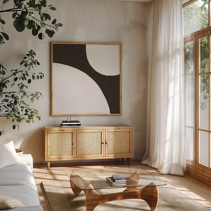 Curvilinear VIII by Chris Paschke. Shown in a natural wood frame in a cozy modern living room. Available as an archival giclee rolled canvas, fine art paper, or poster print. SKU 86236a.