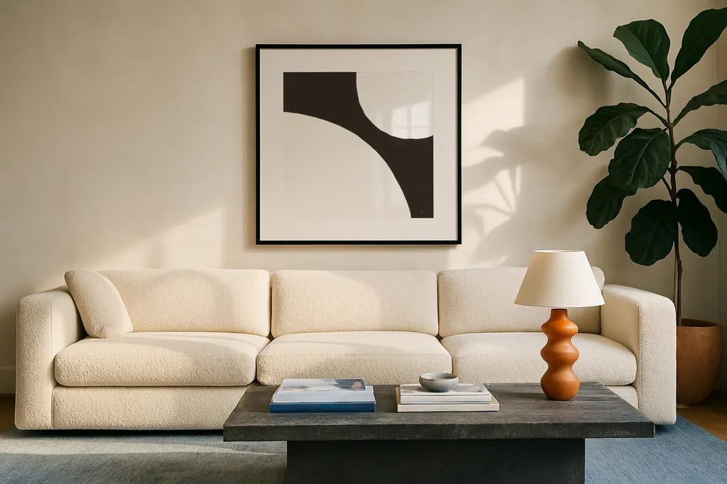 Curvilinear VIII by Chris Paschke. Displayed in a glass frame with matte in a clean modern living room. Available as an archival giclee rolled canvas, fine art paper, or poster print. SKU 86236a.