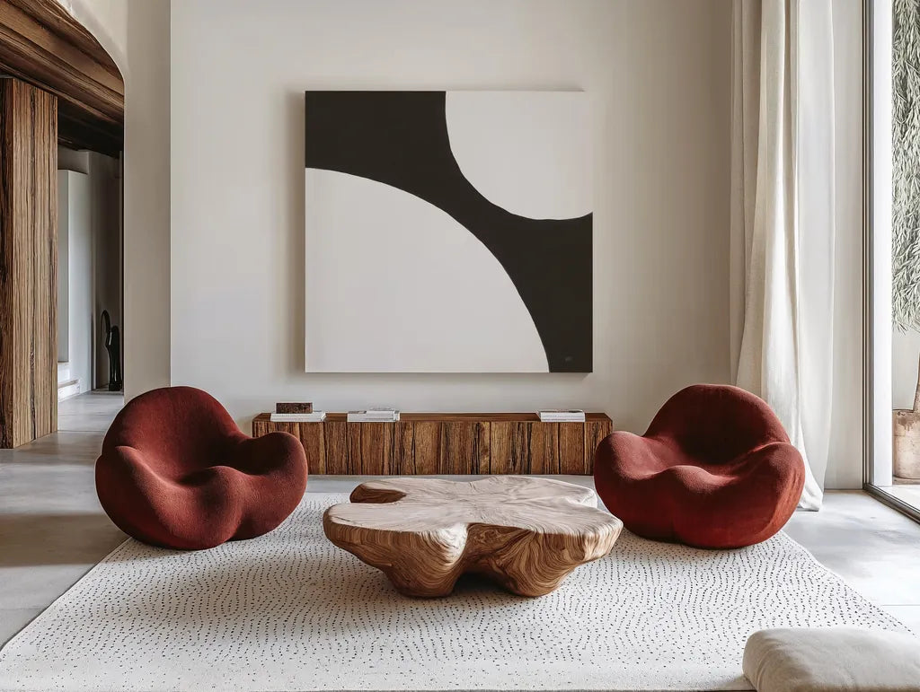 Curvilinear VIII by Chris Paschke. Shown as extra-large giant wall art in a modern living room. Available as an archival giclee rolled canvas, fine art paper, or poster print. SKU 86236a.