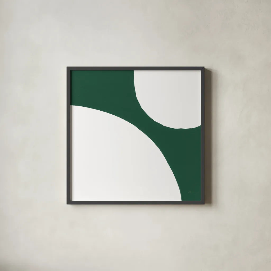Curvilinear VIII Emerald Green by Chris Paschke. Shown in a sleek black glass frame for a contemporary gallery look. Available as an archival giclee rolled canvas, fine art paper, or poster print. SKU 88265a.