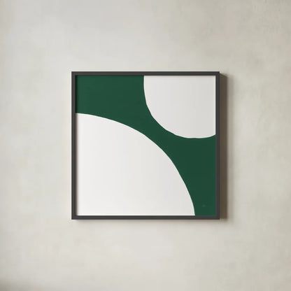 Curvilinear VIII Emerald Green by Chris Paschke. Shown in a sleek black glass frame for a contemporary gallery look. Available as an archival giclee rolled canvas, fine art paper, or poster print. SKU 88265a.