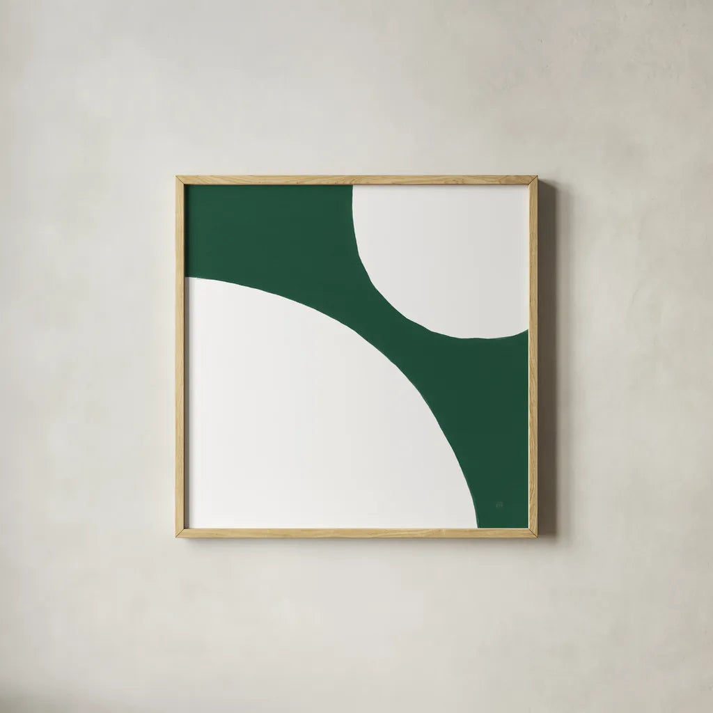 Curvilinear VIII Emerald Green by Chris Paschke. Shown in a natural wood glass frame for a timeless modern aesthetic. Available as an archival giclee rolled canvas, fine art paper, or poster print. SKU 88265a.