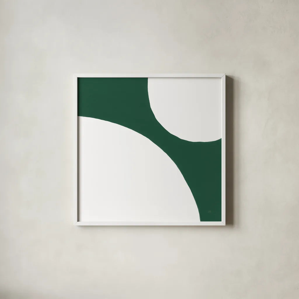 Curvilinear VIII Emerald Green by Chris Paschke. Shown in a crisp white glass frame for a clean and minimalist style. Available as an archival giclee rolled canvas, fine art paper, or poster print. SKU 88265a.