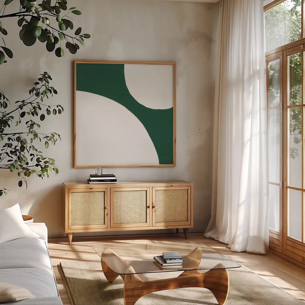 Curvilinear VIII Emerald Green by Chris Paschke. Shown in a natural wood frame in a cozy modern living room. Available as an archival giclee rolled canvas, fine art paper, or poster print. SKU 88265a.