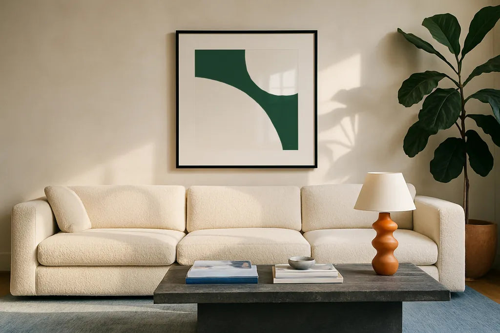 Curvilinear VIII Emerald Green by Chris Paschke. Displayed in a glass frame with matte in a clean modern living room. Available as an archival giclee rolled canvas, fine art paper, or poster print. SKU 88265a.
