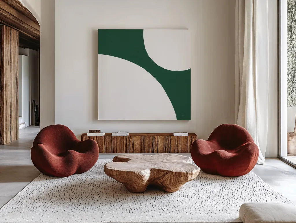 Curvilinear VIII Emerald Green by Chris Paschke. Shown as extra-large giant wall art in a modern living room. Available as an archival giclee rolled canvas, fine art paper, or poster print. SKU 88265a.