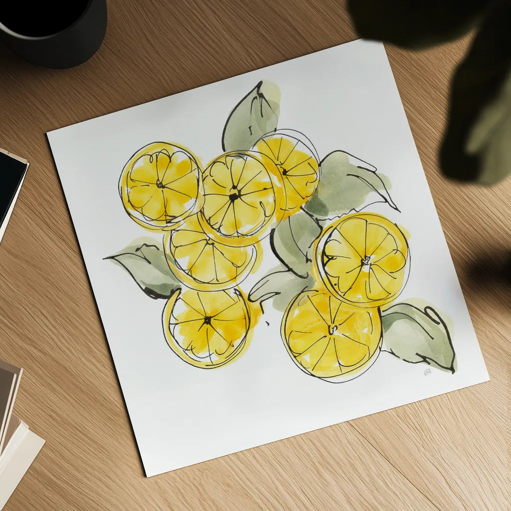 Cut Lemons I by Chris Paschke. Shown as a detailed flat fine art print, highlighting archival giclee quality. Available as an archival giclee rolled canvas, fine art paper, or poster print. SKU 66884a.