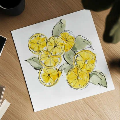 Cut Lemons I by Chris Paschke. Shown as a detailed flat fine art print, highlighting archival giclee quality. Available as an archival giclee rolled canvas, fine art paper, or poster print. SKU 66884a.