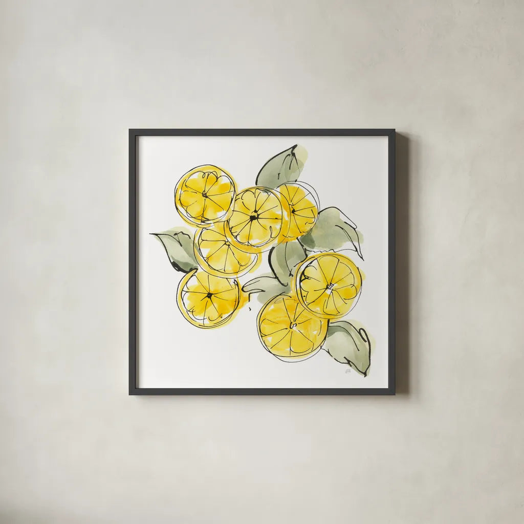 Cut Lemons I by Chris Paschke. Shown in a sleek black glass frame for a contemporary gallery look. Available as an archival giclee rolled canvas, fine art paper, or poster print. SKU 66884a.