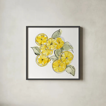 Cut Lemons I by Chris Paschke. Shown in a sleek black glass frame for a contemporary gallery look. Available as an archival giclee rolled canvas, fine art paper, or poster print. SKU 66884a.