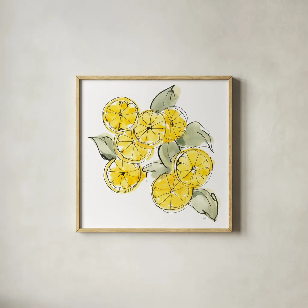 Cut Lemons I by Chris Paschke. Shown in a natural wood glass frame for a timeless modern aesthetic. Available as an archival giclee rolled canvas, fine art paper, or poster print. SKU 66884a.